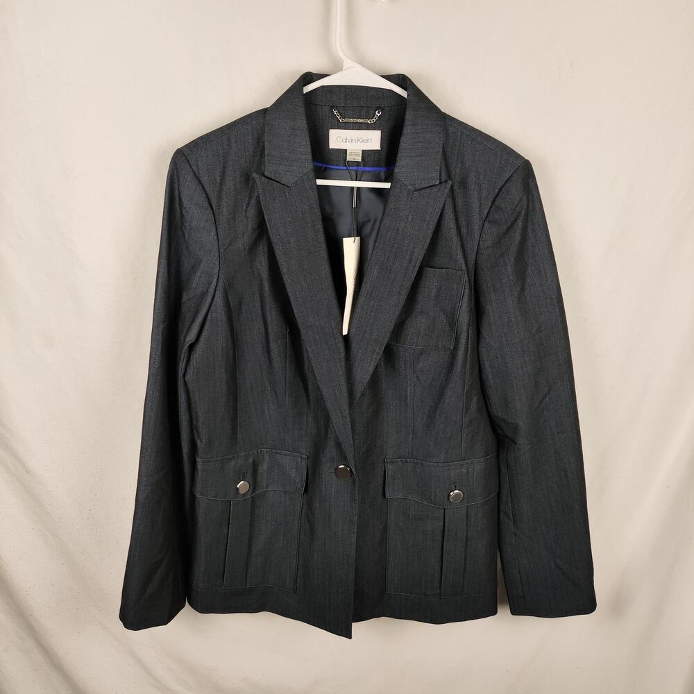 Calvin Klein Blazer Womens 14 Gray One Button Lined Suit Jacket Career Work